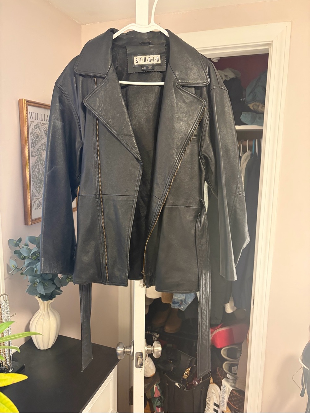 HUE Black Leather Moto Jacket with Belt